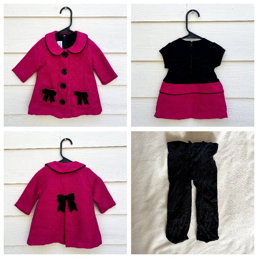 Cute Iris & Ivy Baby Girls 3pc Coat Dress Set Pink Black Bow - Size 12M / 1 year